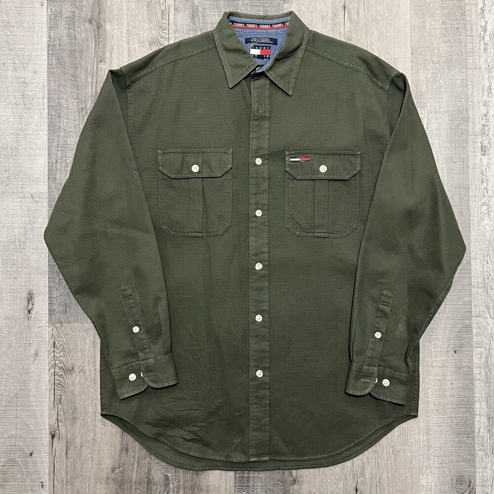 VTG Tommy Hilfiger Green Waffle Knit Chainstitch Spell Out Mens Button Shirt M